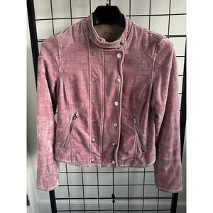 Free People Velvet Moto Jacket Pink Double Breasted Zipper Detail Size M